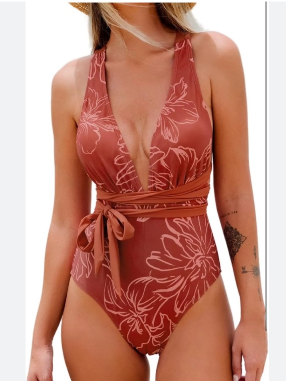 Elegant Floral Wrap One-Piece Swimsuit - Rust